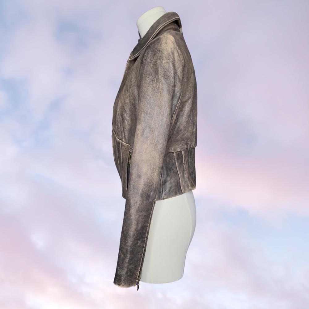 Vtg Y2k 2000s Guess Brown Distressed Worn Zip Up Emma Chamberlain Moto Jacket M - Picture 4 of 8